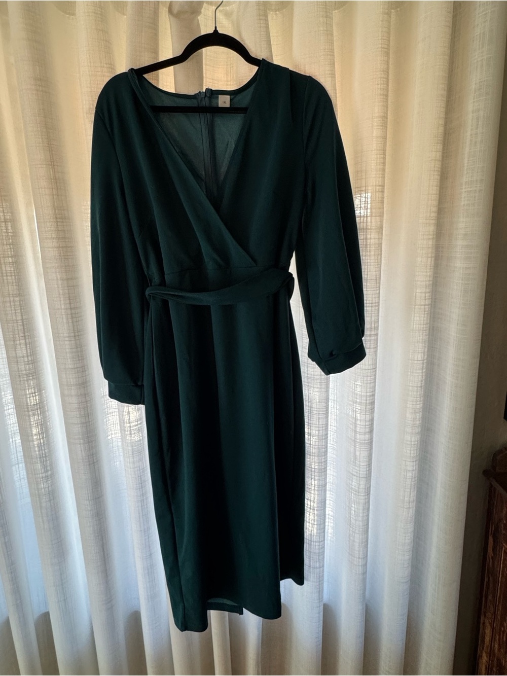 Long-Sleeve Emerald Wrap Midi Dress with Waist Tie